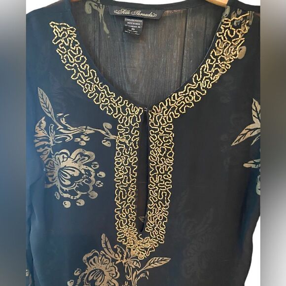 Silk Theads Sz S Black Heavy Gold Beaded Collar Metallic Roses Design Tunic Top - Picture 6 of 6
